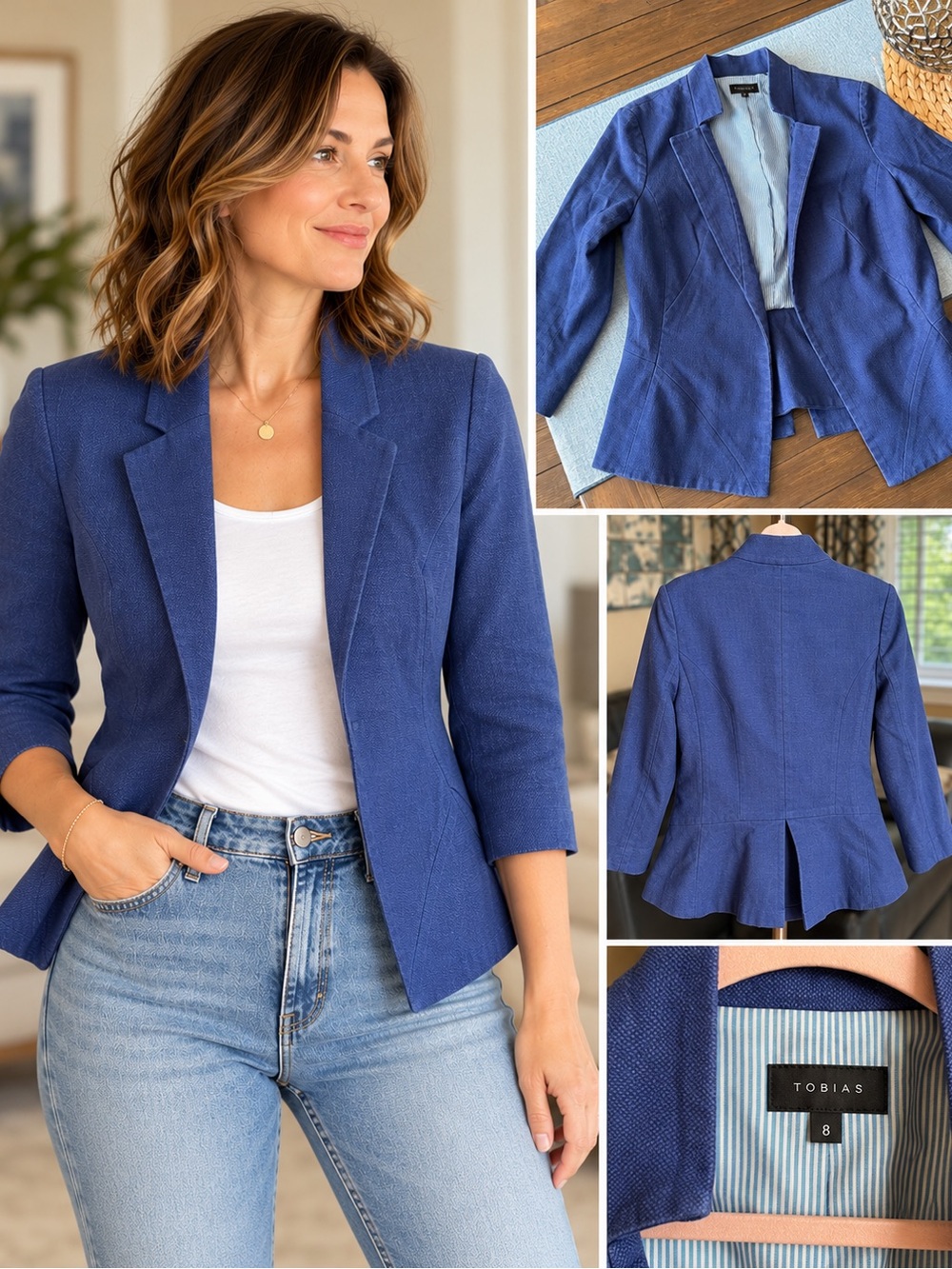 Tobias Blue Textured Peplum Blazer Jacket Size 8